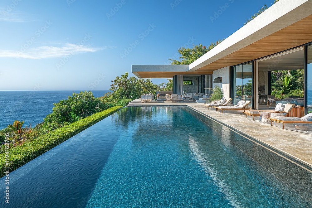 Fototapeta premium Infinity-Edge Pool Overlooking the Ocean in Modern Minimalist Malibu Home
