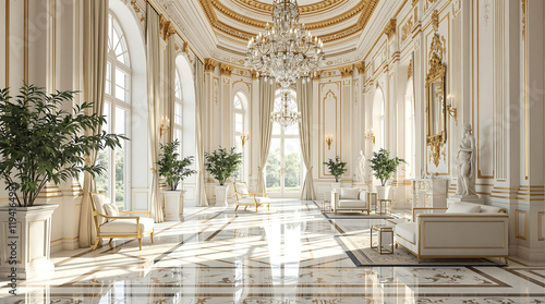  A sunlit grand hall with ornate golden accents, elegant furnishings, and tall windows overlooking a garden.  Perfect for themes of luxury, royalty, and classic architecture. photo