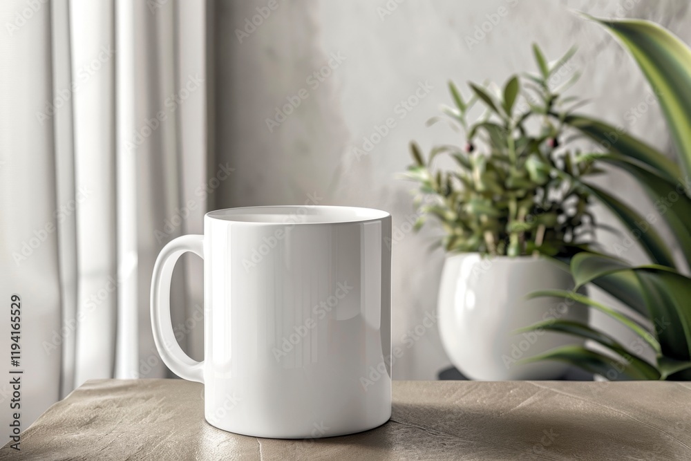 Minimalist White Coffee Mug on Wooden Table with Green Plant Background, Mug mockup Minimalist White Coffee Mug on Wooden Table with Green Plant Background, Mug mockup