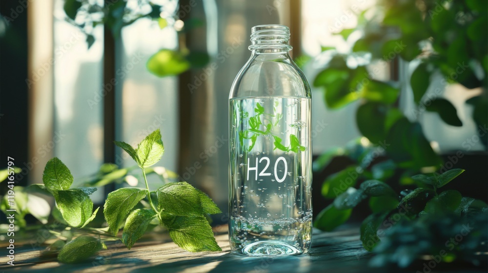 Fresh Bottle of Water Displaying H2O with Green Leaves and Natural Light in a Cozy Environment Emphasizing Hydration and Nature’s Beauty Fresh Bottle of Water Displaying H2O with Green Leaves and Natural Light in a Cozy Environment Emphasizing Hydration and Nature’s Beauty