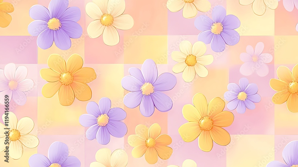 Obraz premium Vibrant daisies forming a checkerboard pattern, pastel shades of yellow, lavender, and peach, intricate floral details, retro-inspired seamless wallpaper, hd quality, nostalgic charm. --ar 16:9