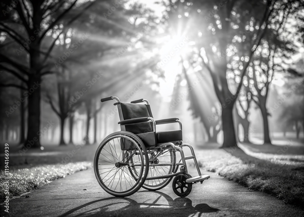 Obraz premium Black and White Panoramic: Wheelchair Accessible Park Scene - Disability Awareness Stock Photo