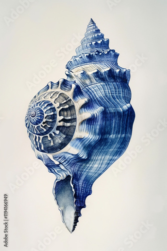 Exquisite blue seashell exhibiting intricate spiral patterns on white background