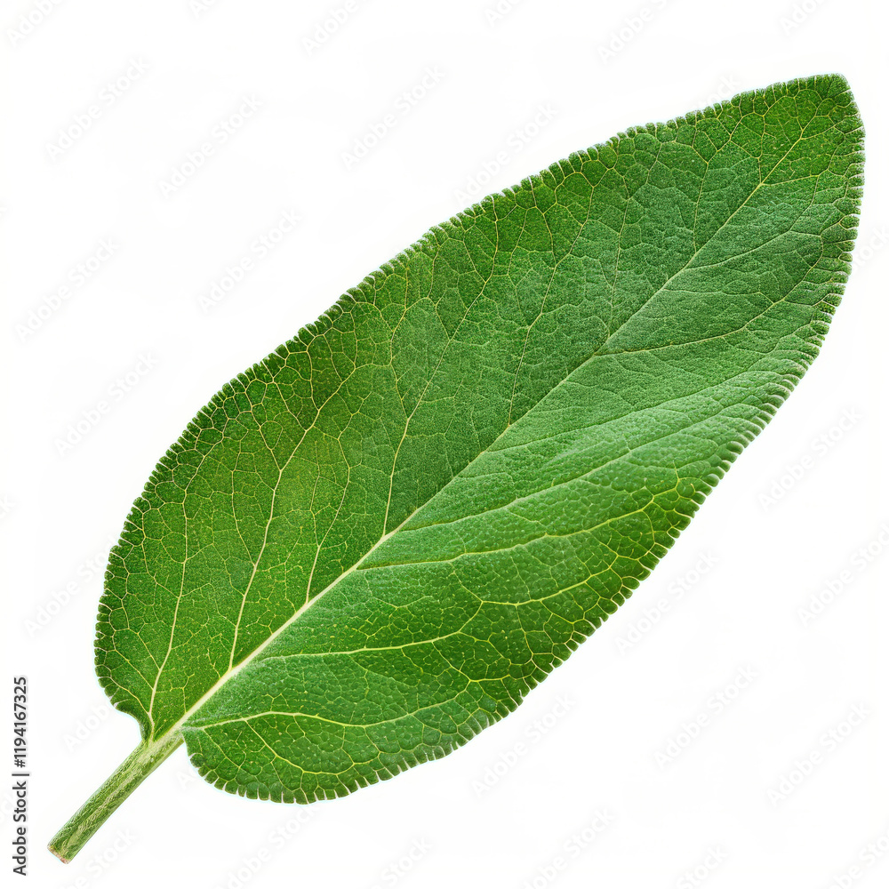 Obraz premium Detailed closeup of a fresh green leaf displaying intricate veins and textures against a white background for nature and botanical themes