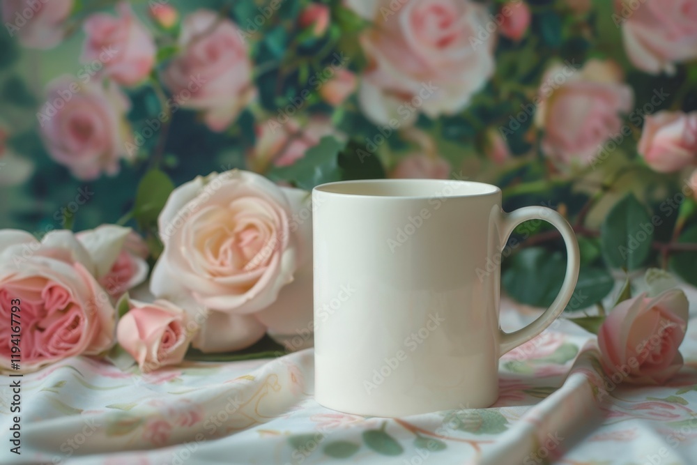 Elegant White Mug Surrounded by Soft Pink Roses and Floral Background, Mug mockup Elegant White Mug Surrounded by Soft Pink Roses and Floral Background, Mug mockup