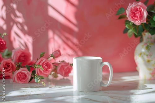 White Coffee Mug with Pink Roses on Marble Surface in Soft Light, Mug mockup