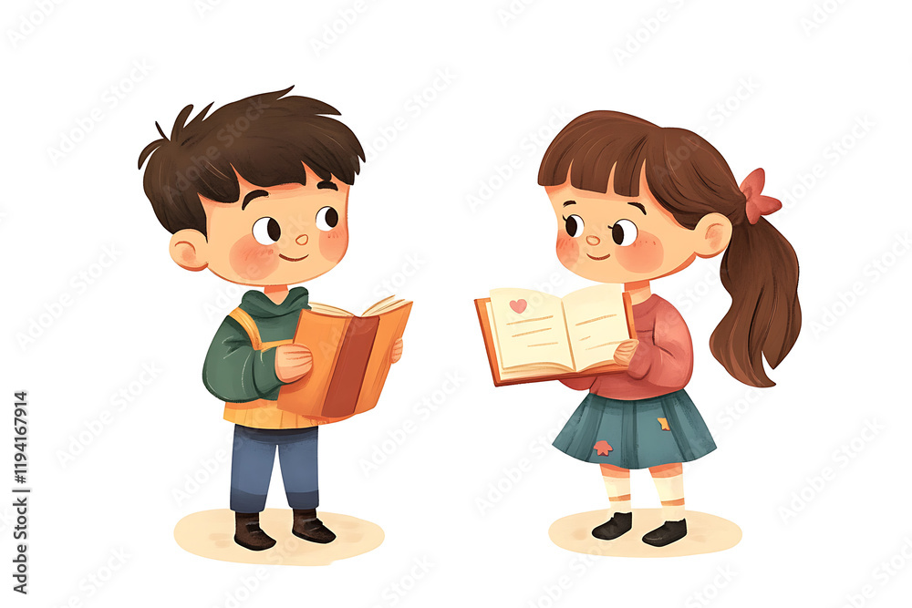 Two children happily reading books, promoting a love for literature and learning. Two children happily reading books, promoting a love for literature and learning.
