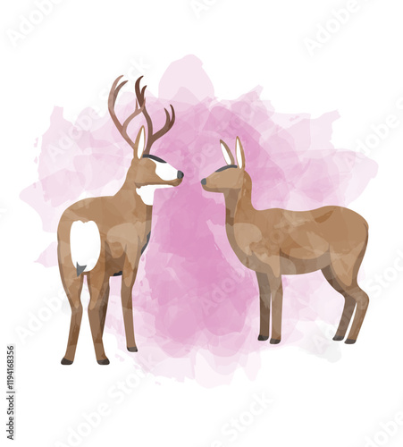 Deer Valentine Day Animal Symbol of Love Postcard Watercolor Vector Illustration