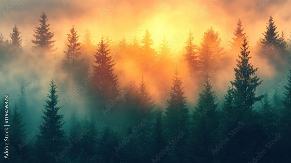 Misty Forest at Sunrise with Glowing Orange Light and Tall Evergreen Trees Silhouetted Against a Colorful Sky in a Serene Natural Environment Misty Forest at Sunrise with Glowing Orange Light and Tall Evergreen Trees Silhouetted Against a Colorful Sky in a Serene Natural Environment