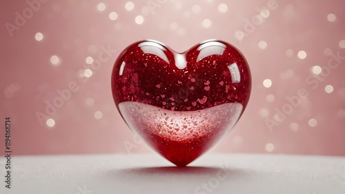 red heart with a reflective surface, floating against a gradient background of soft pink and white with faint sparkles in the distance  photo