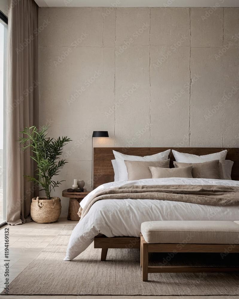 Fototapeta premium Beautiful Scandinavian bedroom with earth tone beige hues wooden furniture bed chair and cozy rug accents Interior Design Inspiration