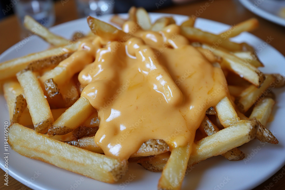 A plate of golden fries with cheese sauce on top. (Generative AI)