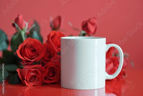 White Empty Coffee Mug Beside Fresh Red Roses on Red Background, Mug mockup