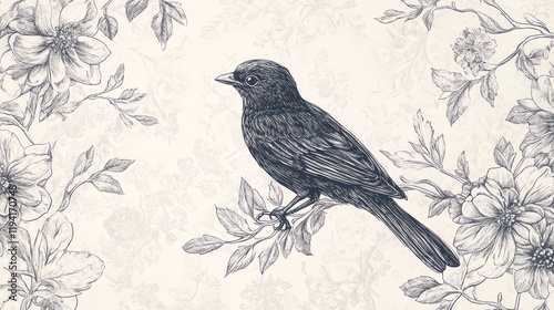 A detailed illustration of a bird perched on a branch surrounded by floral patterns.