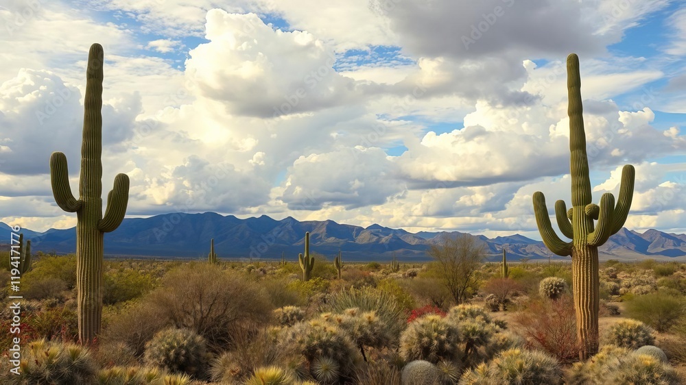 Desert landscape painting with mountains, cactus trees, cloudy sky, natural, clouds, cactus trees Desert landscape painting with mountains, cactus trees, cloudy sky, natural, clouds, cactus trees