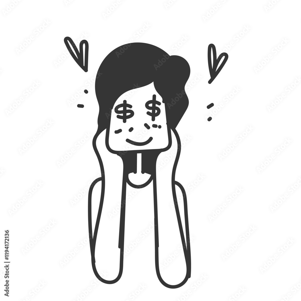 doodle cartoon happy smiling woman with dollar eyes doodle cartoon happy smiling woman with dollar eyes