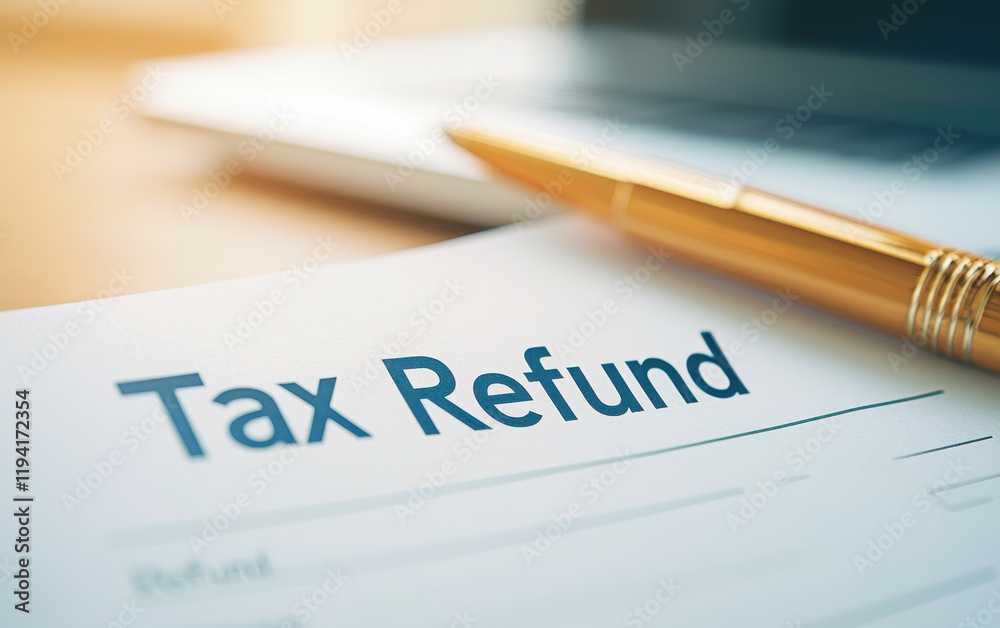 Tax refund document with golden pen on modern workspace, symbolizing financial relief and optimism Tax refund document with golden pen on modern workspace, symbolizing financial relief and optimism