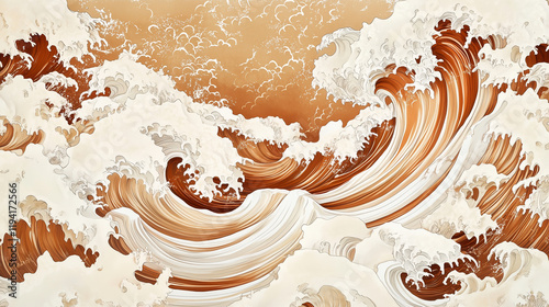 Elegant Traditional Japanese-Style Waves in Warm Tan and Crisp White Tones photo