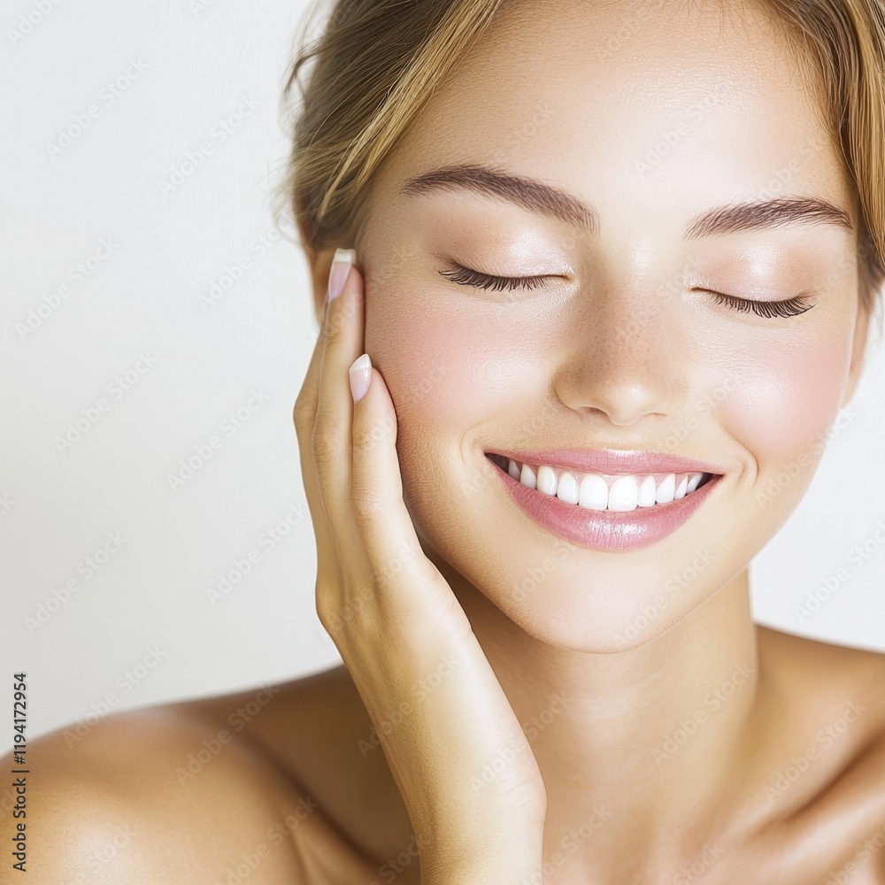 Joyful woman smiling with beautiful healthy skin indoor studio portrait photography natural light beauty concept Joyful woman smiling with beautiful healthy skin indoor studio portrait photography natural light beauty concept