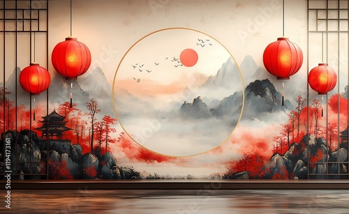 Chinese-Japanese traditional luxury style Pedestal Stage background painting, Chinese New Year ornament