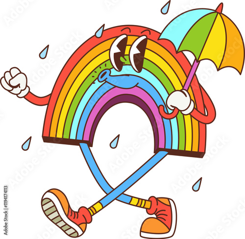 Retro hippie groovy rainbow with umbrella under rain, vector cartoon character. Groovy rainbow with happy face and whistling melody walking under rain with umbrella for psychedelic hippie character