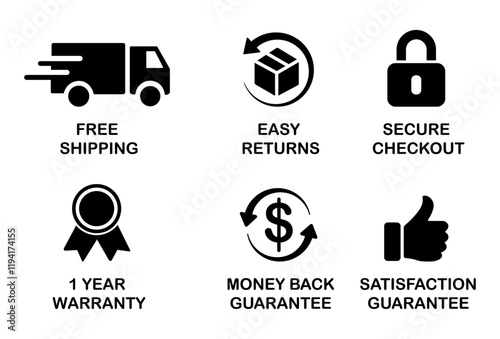 E-commerce security badges risk-free shopping icons set. E-commerce, online shopping line icons set. Modern graphic design concepts, simple outline elements collection. E-commerce and Shopping icons.
