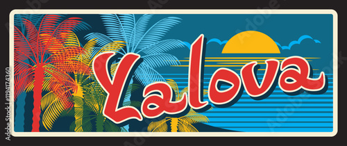 Vintage banner for Yalova Turkish il. Vector retro travel plaque in vibrant red script set against a tropical background with palm trees and bright sun setting over a calm sea. Old touristic postcard