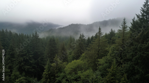Serene Evergreen Forest in a Misty and Tranquil Landscape Setting