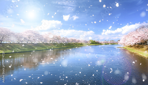 日本の春・眩しい太陽の日差しとレンズフレア　桜並木の川の土手 風に舞い散る花びら花吹雪　美しい満開の桜に青空とさわやかな雲・水面に映りこむ反射した景色の背景　入学・卒業・入社・新生活・花見・はじまり・希望のイメージ壁紙　