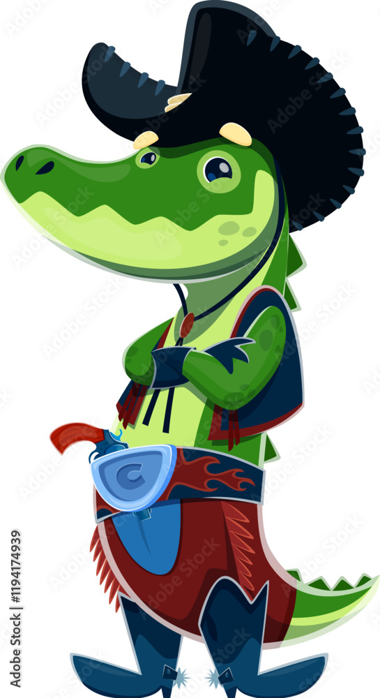 Naklejka premium Cartoon crocodile wild west animal cowboy and sheriff, ranger and bandit character shows playful expression. Isolated vector alligator personage wearing western wide brimmed hat and leather boots