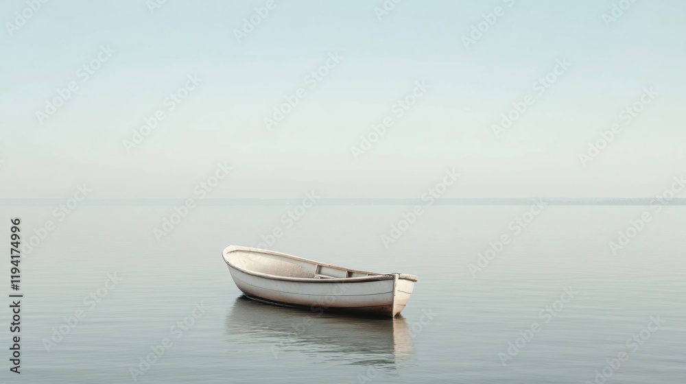 Small white rowboat floats serenely on calm, still water under a pale sky. Small white rowboat floats serenely on calm, still water under a pale sky.