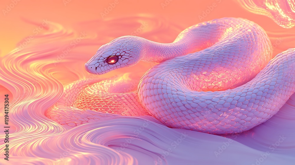 Fototapeta premium A minimalist snake silhouette layered over intricate Japanese Seigaiha wave patterns, soft pastel colors blending harmoniously, smooth texture contrasts, glowing ambient light,