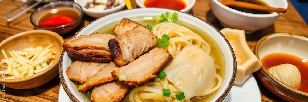 Egg noodle with red roasted pork and wonton served on a wooden table with chopsticks and condiments, traditional, roasted pork, delicious Egg noodle with red roasted pork and wonton served on a wooden table with chopsticks and condiments, traditional, roasted pork, delicious