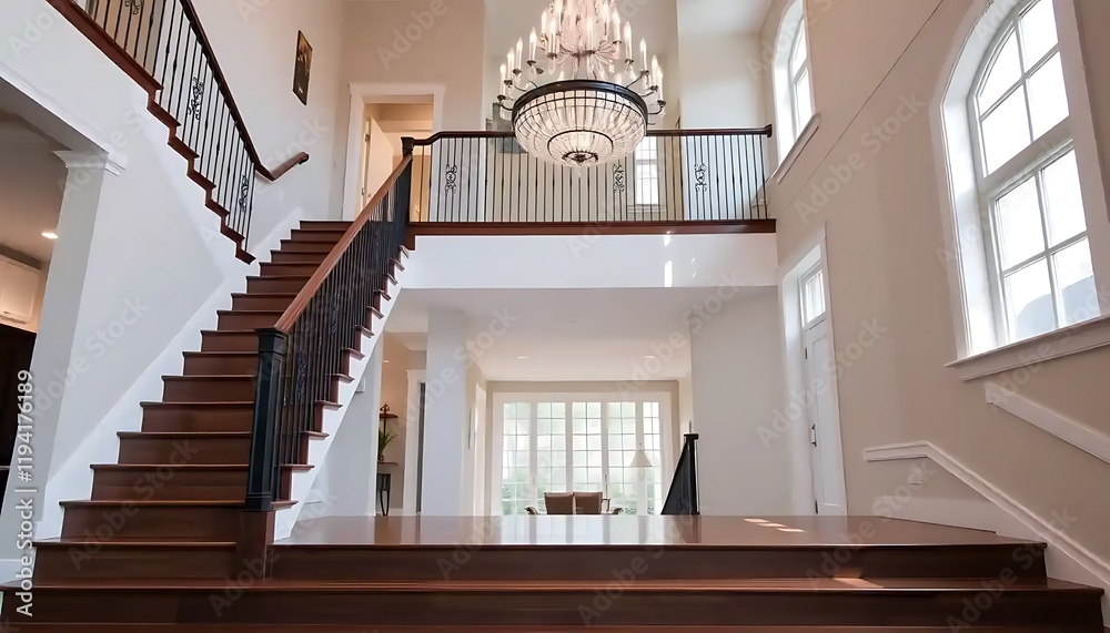 Fototapeta premium Elegant Grand Staircase with Crystal Chandelier and Wooden Railings