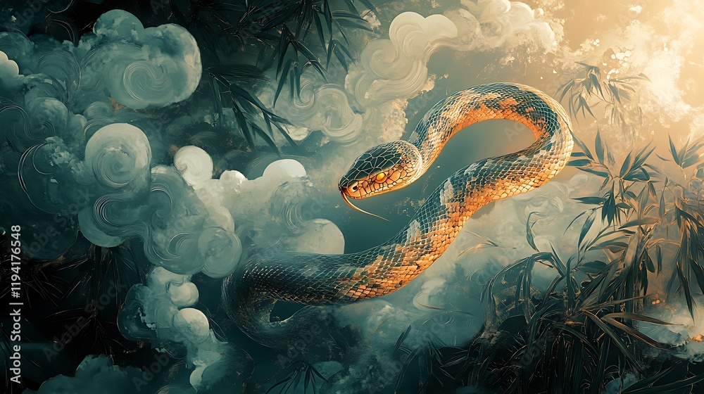 A radiant snake with shimmering jade and copper scales winding through lush bamboo groves, surrounded by swirling Japanese cloud designs in glowing silver tones, A radiant snake with shimmering jade and copper scales winding through lush bamboo groves, surrounded by swirling Japanese cloud designs in glowing silver tones,