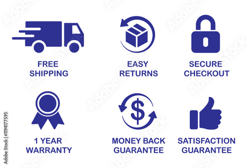 E-commerce security badges risk-free shopping icons set. E-commerce, online shopping line icons set. Modern graphic design concepts, simple outline elements collection. E-commerce and Shopping icons.
