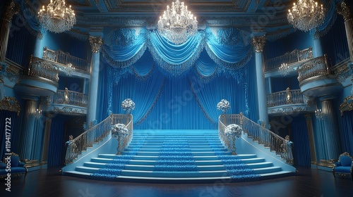 Majestic Palace Interior: A Grand Staircase and Opulent Blue Decor.  Experience the splendor of this luxurious and elegant architectural masterpiece.
