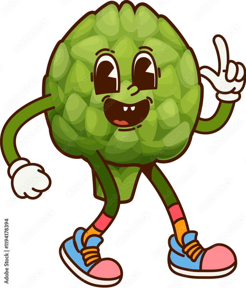 Obraz premium Groovy artichoke vegetable character on fitness or sport, vector retro cartoon comic. Groovy artichoke with funny face in sport shoes on workout training or fitness exercise and healthy lifestyle
