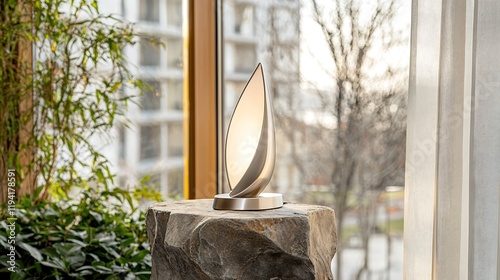 The elegant silhouette of a metal lamp rests atop a rustic stone side table, producing a soft glow that enriches the cozy setting. The lamps elegant curves and the natural imperfections of the stone photo