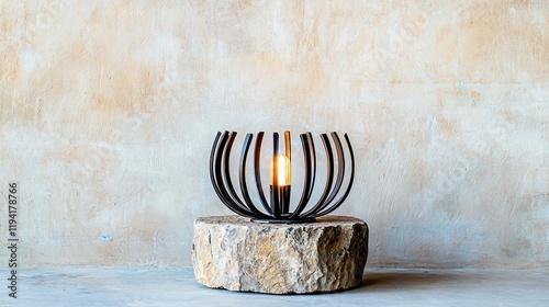 The elegant silhouette of a metal lamp rests atop a rustic stone side table, producing a soft glow that enriches the cozy setting. The lamps elegant curves and the natural imperfections of the stone photo