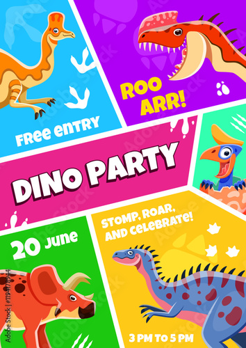 Kids party flyer with funny dino characters. Vector invitation designed as colorful collage with funny prehistoric dinosaur animals and event details. Poster inviting kids to celebration or attraction