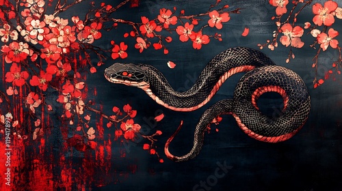 A sinuous snake silhouette elegantly layered atop traditional Japanese textile motifs of plum blossoms and geometric designs, vibrant indigo and crimson palette, glowing edges, minimalist and refined,