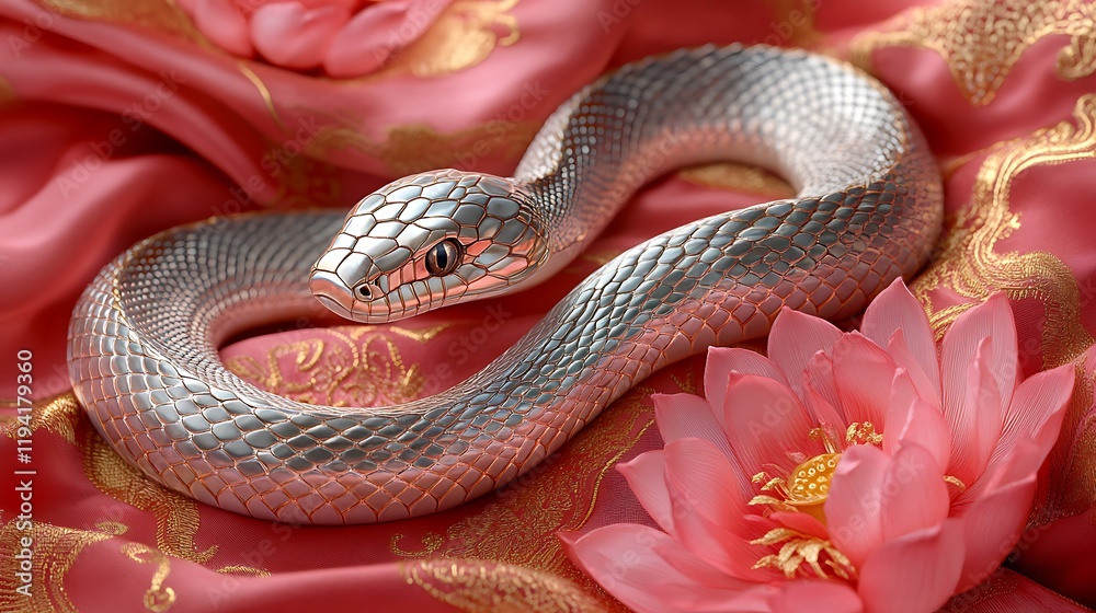 Fototapeta premium A sinuous snake with iridescent jade and gold scales winding gracefully through vibrant pink lotus petals, resting on a luxurious red and gold Chinese silk fabric,