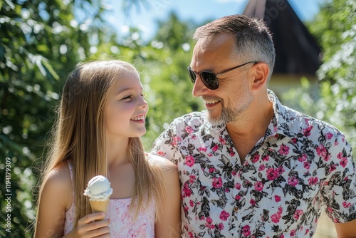 Father and daughter sharing ice cream on a sunny holiday, half-body shot, casual outdoor setting, happy and carefree expressions, natural lighting, photographic style photo