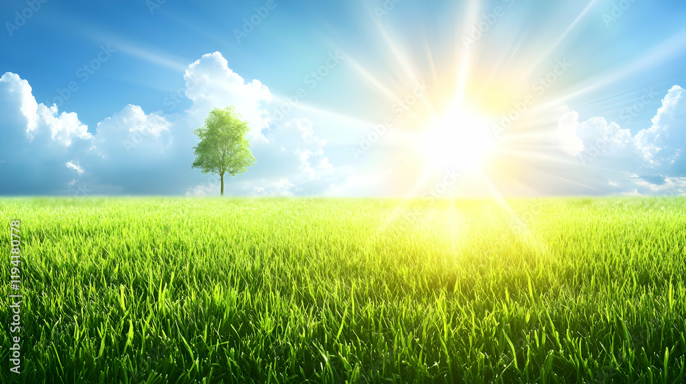 Gorgeous, vibrant, springtime scenery with a lone tree in a field, new green grass in a meadow, and a cloudy, blue sky Gorgeous, vibrant, springtime scenery with a lone tree in a field, new green grass in a meadow, and a cloudy, blue sky