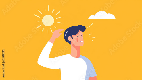 Man sweating under bright sun, feeling heatstroke symptoms and discomfort photo