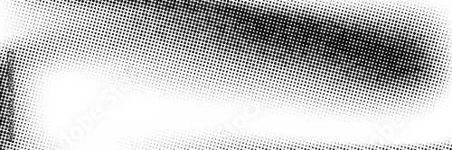 Grunge halftone gradient background. Faded dotted grit noise texture. Black and white rasterized sand grain wallpaper. Retro pixelated bitmap backdrop. Aged anime or manga comic overlay. Vector