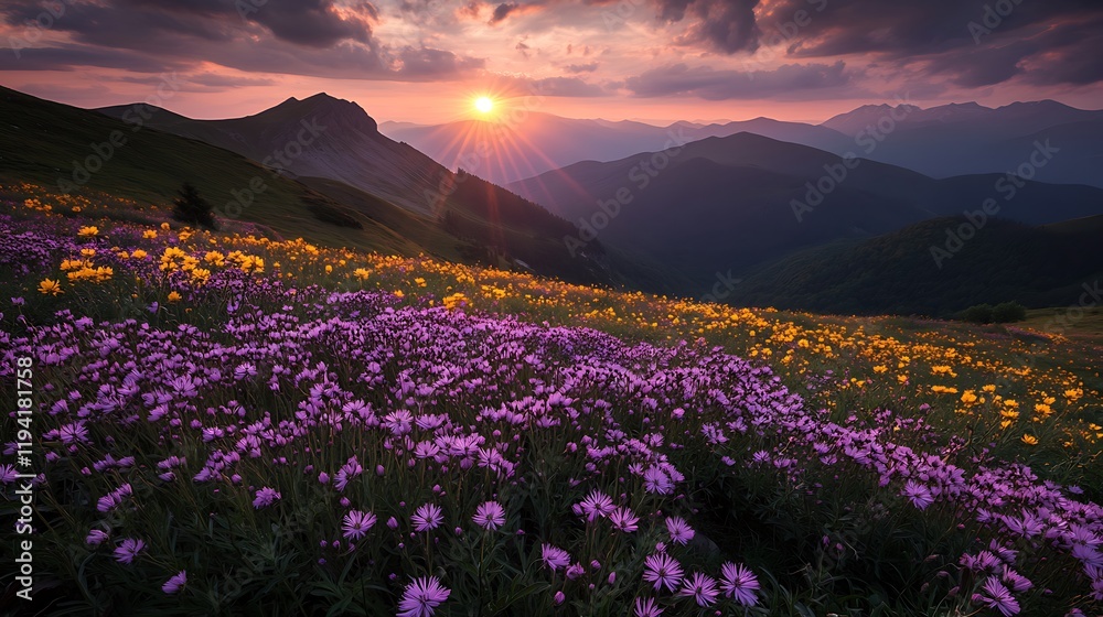Obraz premium a field of flowers with mountains in the background