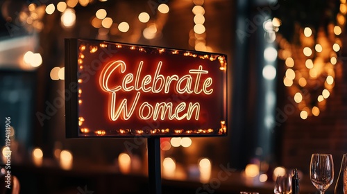 Celebrate Women Neon Sign in Festive Restaurant Setting, Perfect for Promoting Empowerment and Inclusivity