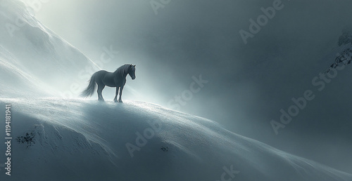 Majestic white horse stands on snowy mountain peak, blizzard background; perfect for nature, equine themes photo